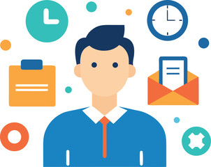 Office Worker Surrounded by Icons of Time and Messages