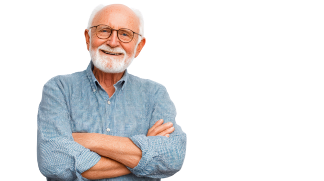 Cheerful elderly man with glasses smiling and crossing arms, isolated on white background.