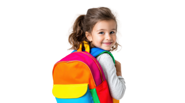 Cheerful girl smiling with a colorful backpack on a white isolate background
