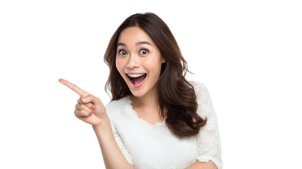 Cheerful young woman pointing, smiling, with long hair, isolated on white background.