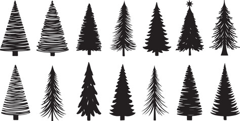 Stylized Christmas Tree Silhouettes Hand Drawn and Detailed Designs pine evergreen
