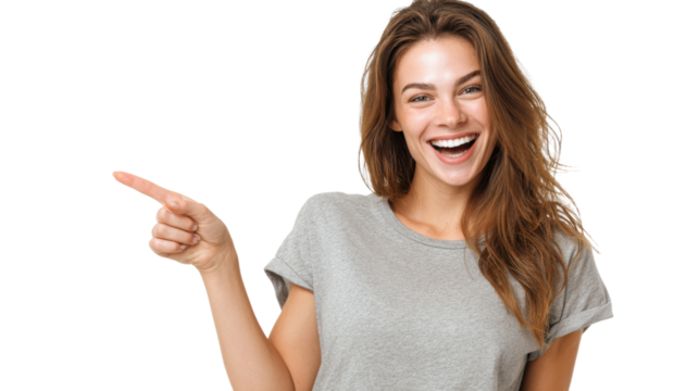 Cheerful young woman smiling and pointing, expressing excitement and positivity. - Powered by Adobe