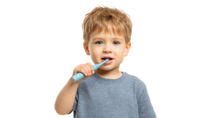 Child brushing teeth with toothbrush, education on dental hygiene, isolated on white background.