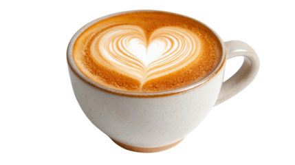 Coffee cup with latte art heart design, perfect for cozy moments and relaxation.