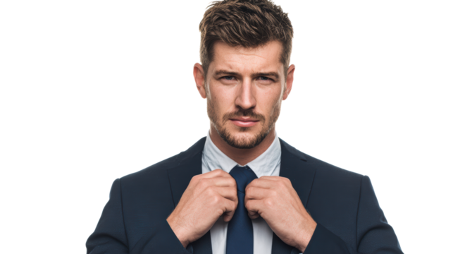 Confident businessman adjusting his tie, isolated on white background.