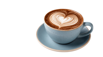 Delicious latte art in a blue cup on a saucer, isolated on a white background.