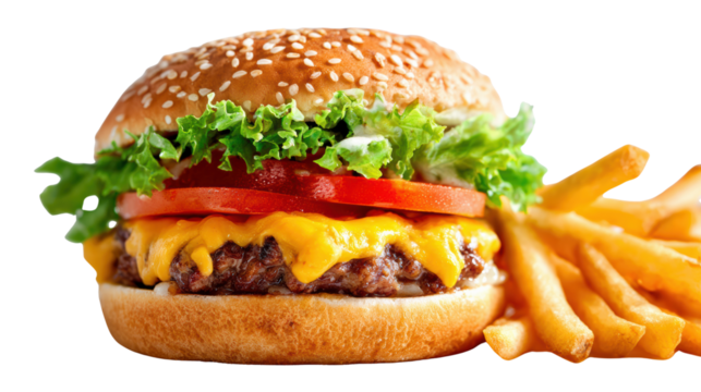 Delicious cheeseburger with lettuce, tomato, and fries on a white isolated background.
