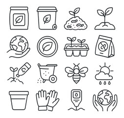 Eco-friendly gardening icons set featuring plants and tools