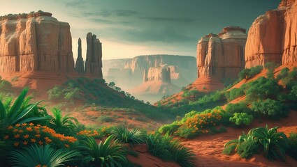Vast desert landscape with towering red rock formations, lush green vegetation, and a distant horizon under a clear, blue sky.