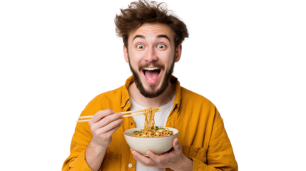 Excited young man enjoying delicious noodles with chopsticks, colorful bowl, expressive face.