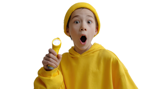 Excited child in yellow attire holding a flashlight, surprised expression, isolated on white background.