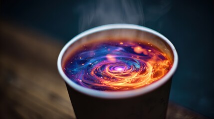 Abstract coffee cup with cosmic swirls for daily ritual concept, perfect for mental health promotions, creative art, or symbolic visuals.