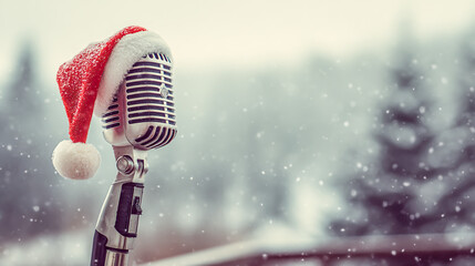 Festive Christmas Microphone with Santa Hat Against a Snowy Winter Background Music and Holiday Season Theme