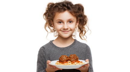 Happy girl holding a plate of pasta with meatballs, smiling against a white isolate background.