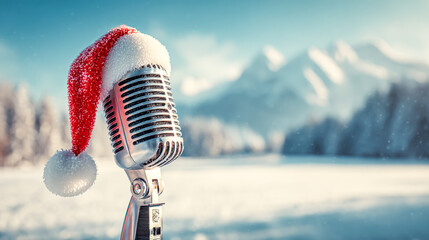 Festive Retro Microphone with Santa Hat in Snowy Winter Landscape Holiday Season Music Recording and Christmas Celebration