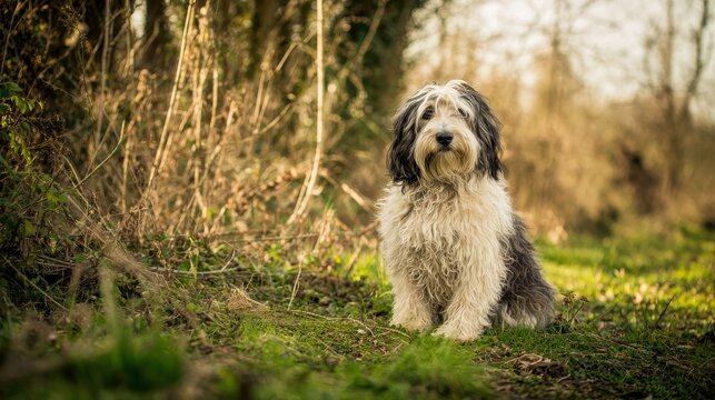 Serene Tibetan terrier with soft fur sitting calmly, ideal for animal relaxation visuals, pet promotions, or natural beauty content.