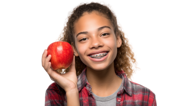 Happy teenage girl with braces holding a red apple, smiling brightly against a white isolated background.