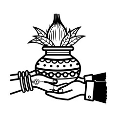 Hindu Wedding icon Couple Holding Kalash with Mango Leaves pot