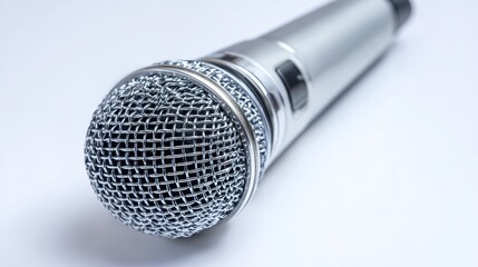 Professional microphone with metal detail in isolated shot, perfect for audio branding, tech promotions, or sleek design visuals.