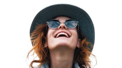 Happy woman smiling with sunglasses and wide-brimmed hat, isolated on white background.