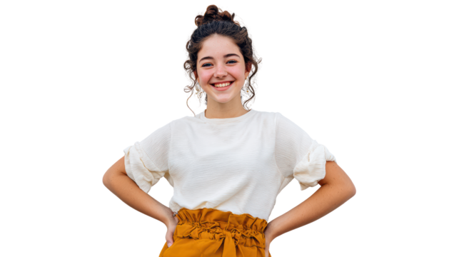 Happy young woman smiling with hands on hips, wearing casual attire, cheerful expression, isolated background.