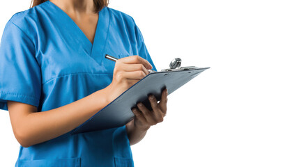 Healthcare professional in blue scrubs writing on clipboard, white isolate background.