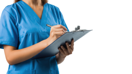 Healthcare professional in blue scrubs writing on clipboard, white isolate background.