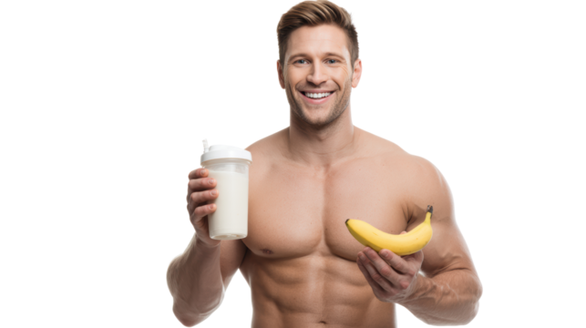 Healthy man holding banana and protein shake, smiling, fitness lifestyle, white isolate background.