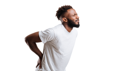 Man experiencing back pain while standing, white isolate background.