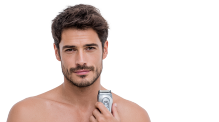 Man grooming with electric shaver on white isolate background.