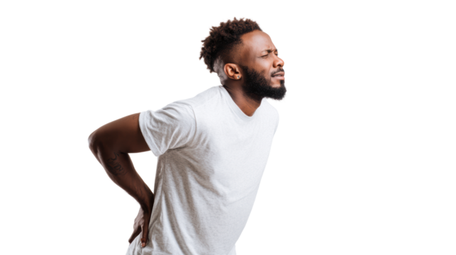 Man experiencing back pain while standing, white isolate background.