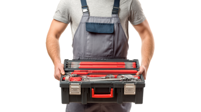 Man holding a toolbox with tools inside, ready for work, on a white isolated background.