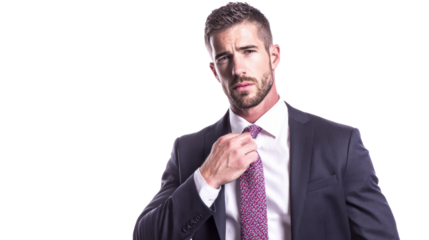 Man in suit adjusting his tie, confident look, white isolated background