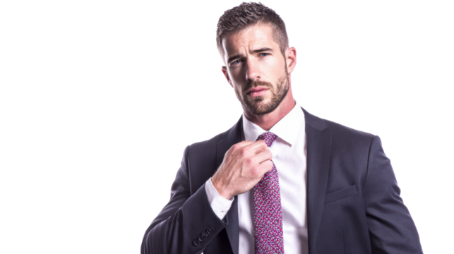 Man in suit adjusting his tie, confident look, white isolated background