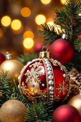 Colorful Christmas Ornaments and Pine Branches Holiday Composition