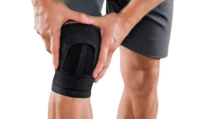Person adjusting knee support on leg, isolated on white background.