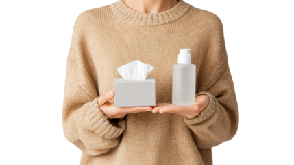 Person holding tissues and a liquid bottle in a sweater against a white background.