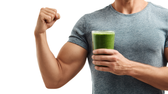 Muscular man flexing bicep while holding a green smoothie in a glass, healthy lifestyle concept.