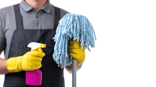 Person holding a mop and spray bottle, ready for cleaning, on a white isolated background.