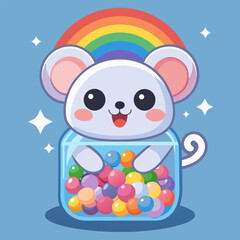 Fototapeta premium Adorable mouse popping out of a candy jar filled with gummy bears, rainbow candy theme in cute flat vector style.