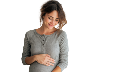 Pregnant woman smiling gently, wearing a grey shirt, holding her belly, isolated on white background.