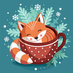 Winter fox curled up in a peppermint cocoa cup, snowflakes falling around, cozy seasonal flat vector design.