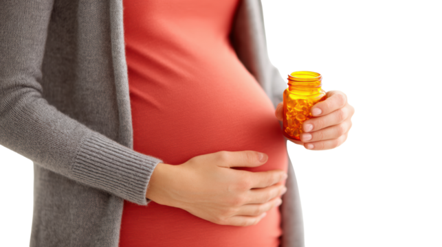 Pregnant woman holding medicine bottle with warm background, emphasizing health and wellness.