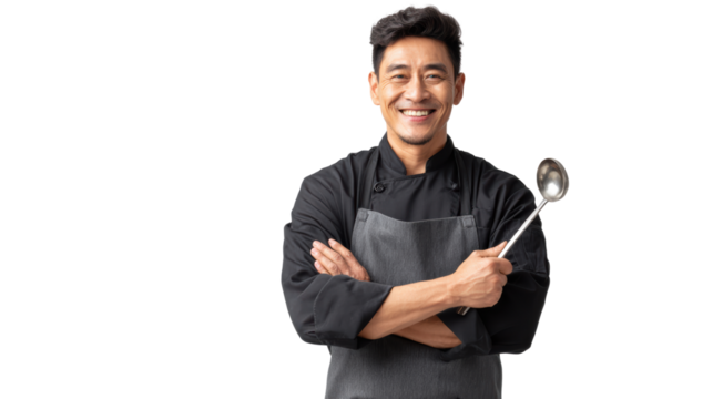 Smiling chef in black uniform, holding ladle, isolated on white background.
