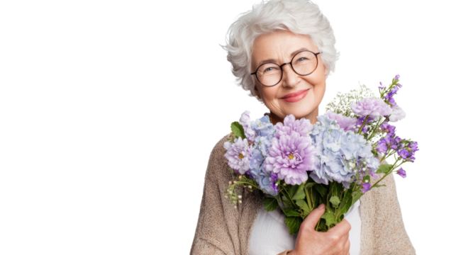 Smiling elderly woman holding a bouquet of colorful flowers, radiating joy and warmth.