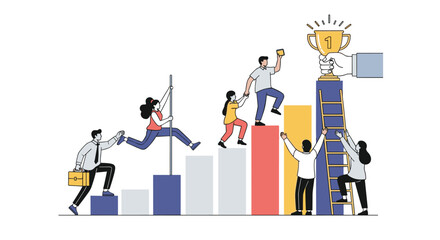Diverse team members climb upward on a rising bar graph towards a golden trophy symbolizing shared success and achievement