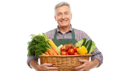 Smiling man holding a basket of fresh vegetables, white isolate background.