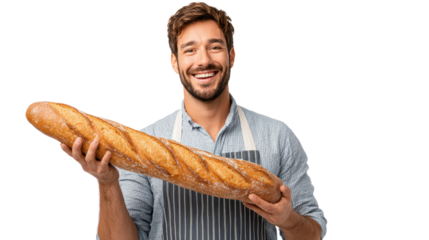 Smiling man holding a fresh baguette, white isolated background.