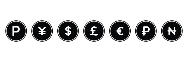 Currency symbol icon set outline flat black vector illustration for financial transaction banking money exchange investment accounting app web and interface.