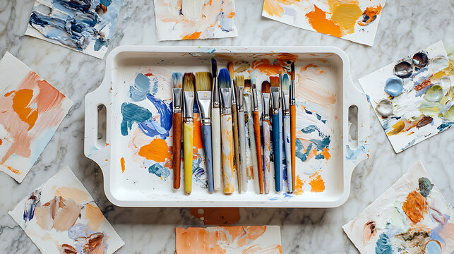 Artistic collection of paintbrushes and colorful paint swatches on a marble surface workspace